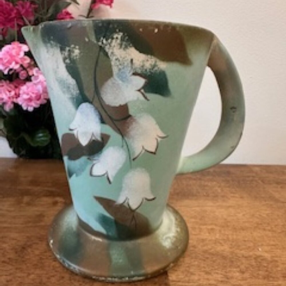 Vintage Hand Painted Pottery Pitcher England Lily of the Valley Green Brown 1950